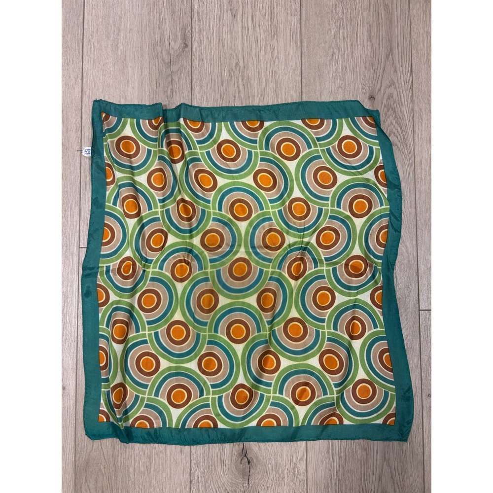 Vintage 70s Geometric Target Print Square Scarf Teal Orange Acetate Made Japan - Picture 5 of 5